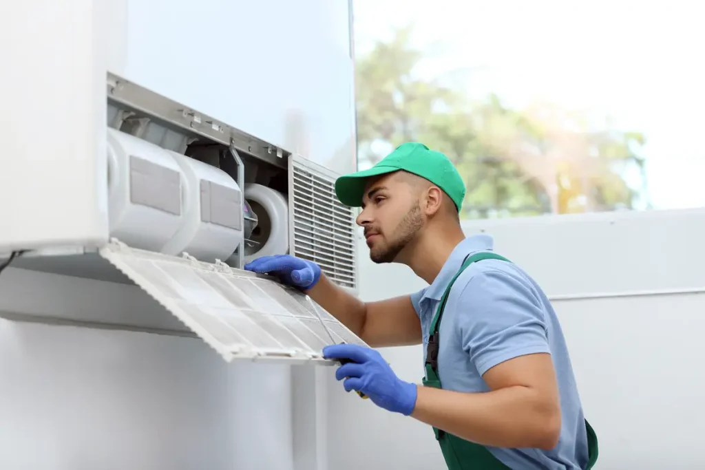 HVAC maintenance on a rooftop unit